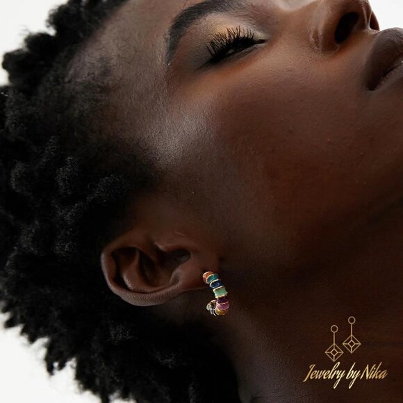 NEW 14K Yellow Gold Multicolor Enameluxe Boho Unique Hoop Luxury Stud Earrings - Picture 7 of 15